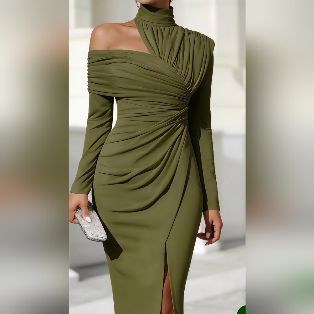 Olive One-Shoulder Ruched Long Sleeve Dress